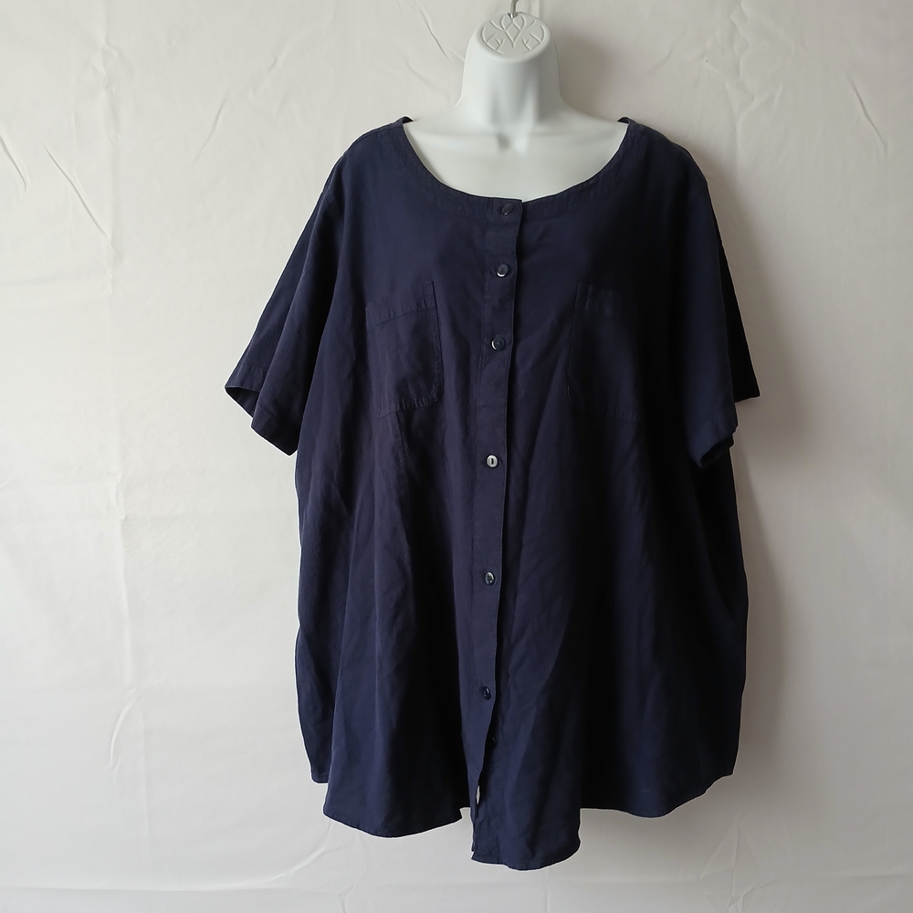 Woman Within Navy Blue Tunic Top Button Up Scoop Neck Sz 26 Casual Travel Office